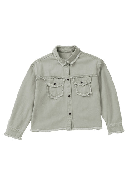Green Distressed Flap Pockets Frayed Hem Denim Jacket