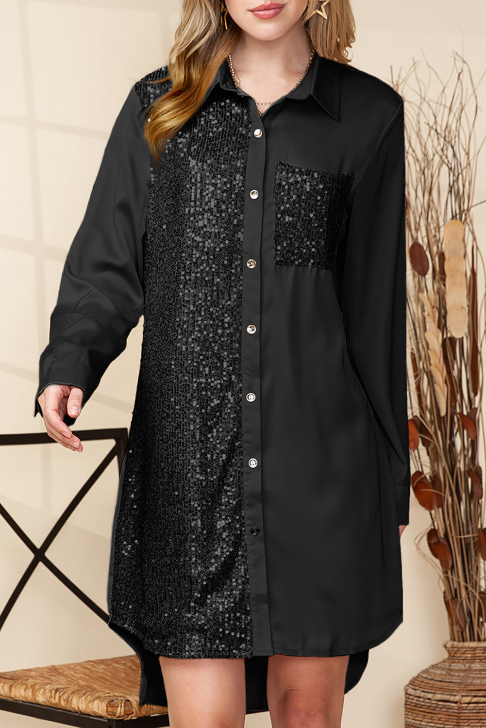 Khaki Sequin Splicing Pocket Button Shirt Dress