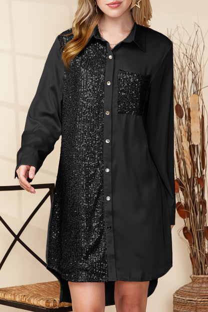 Khaki Sequin Splicing Pocket Button Shirt Dress