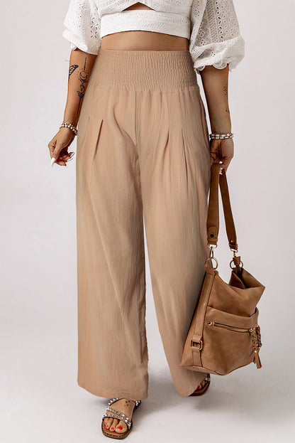 Brown Smocked Wide Waistband High Waist Wide Leg Pants