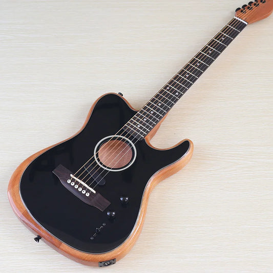 6 String High Gloss Black Acoustic Semi Hollow Body Electric Guitar