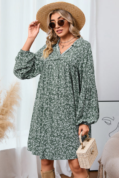 Green Ditsy Floral Print Notch Neck Long Sleeve Boho Dress