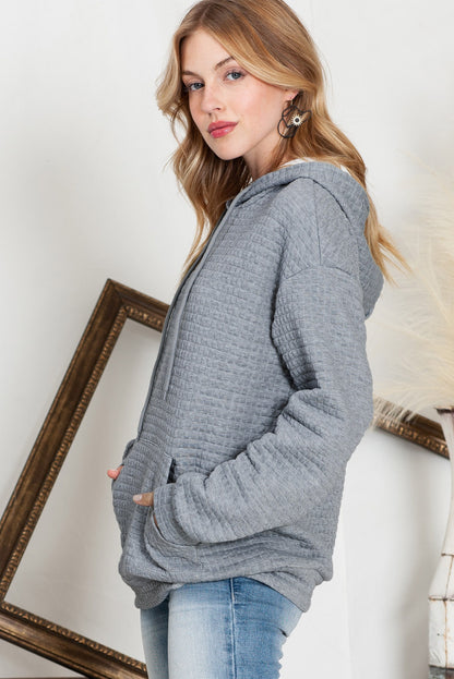 Khaki Lattice Textured Kangaroo Pocket Drawstring Hoodie