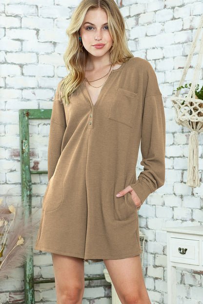 Green Henley V Neck Pocketed Ribbed Romper