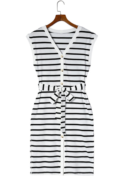 Striped Button Belted Casual V-Neck Midi Dress