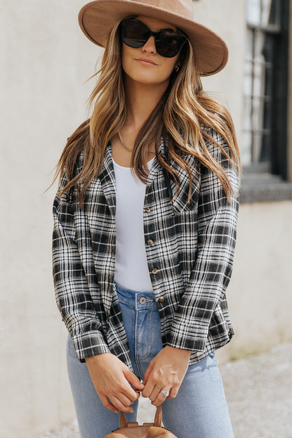 Khaki Drawstring Plaid Hooded Shirt Shacket