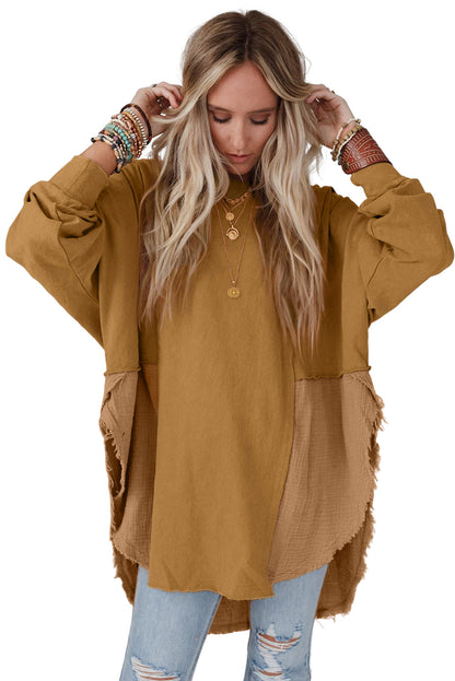 Khaki Crinkled Patchwork Raw Hem Oversized Blouse