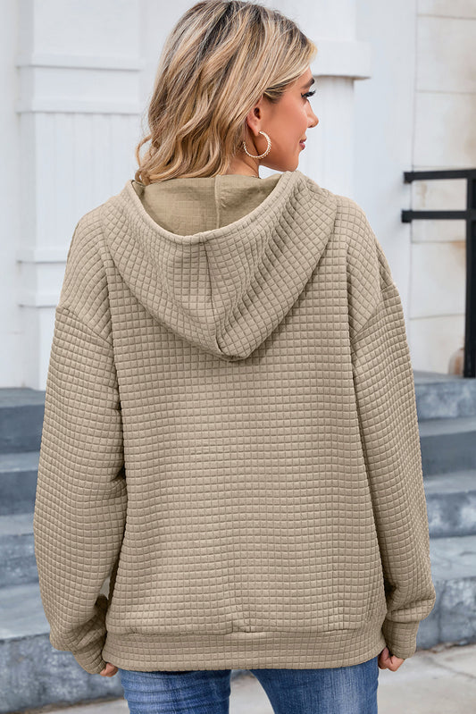 Khaki Lattice Textured Kangaroo Pocket Drawstring Hoodie