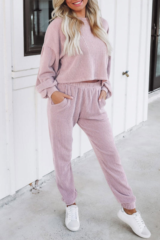 Apricot Powder Corduroy Lantern Sleeve Pullover and Joggers Set