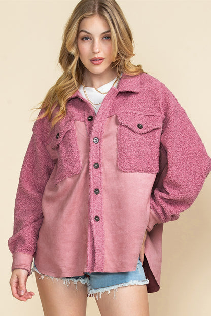 Pink Colorblock Buttoned Flap Pocket Sherpa Jacket