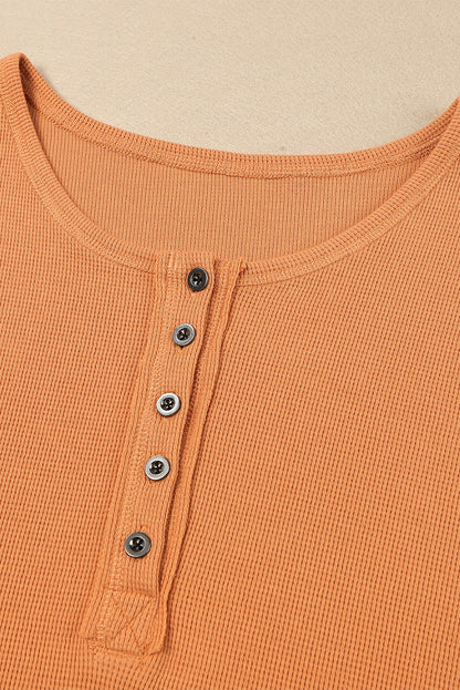Orange Casual Waffle Button Front Knit Henley Top