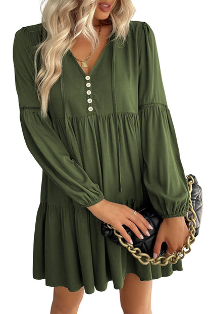 Verdant Bishop Sleeve Tie Front Tiered Pleated Short Dress