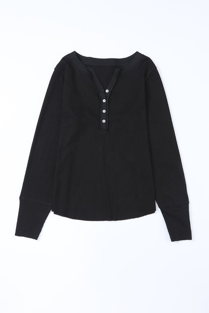 Gray Solid Color Waffle Knit Long Sleeve Henley Shirt