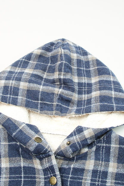 Blue Snap Button Sherpa Lined Hooded Flannel Jacket