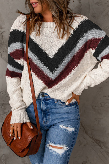 Chevron Striped Drop Shoulder Long Sleeve Pullover Sweater