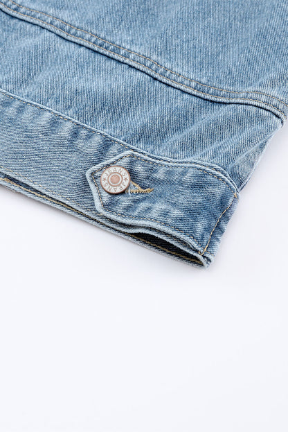 Blue Studded Button Up Light Wash Cropped Denim Jacket