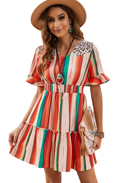 Multicolor Striped and Leopard Print Flounce Hem Short Dress