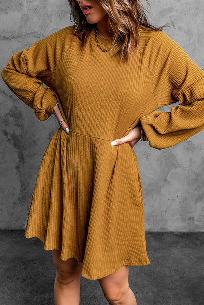 Black Round Neck Empire Waist Ribbed Short Knit Dress