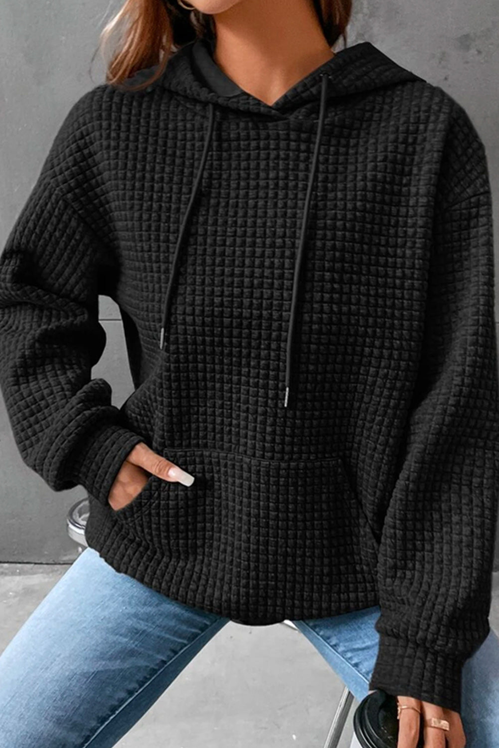 Khaki Lattice Textured Kangaroo Pocket Drawstring Hoodie