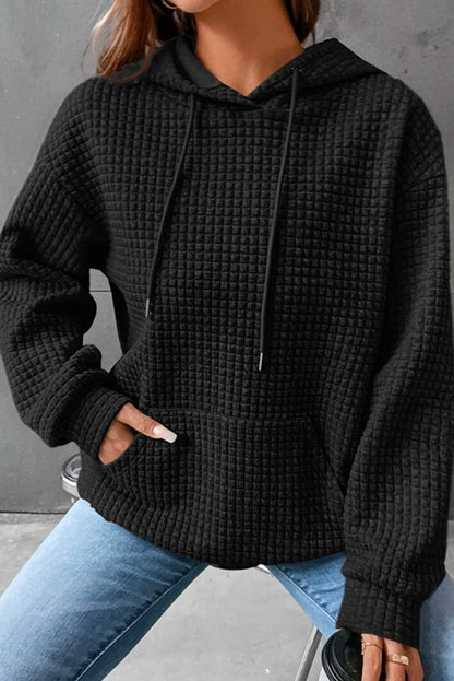 Khaki Lattice Textured Kangaroo Pocket Drawstring Hoodie