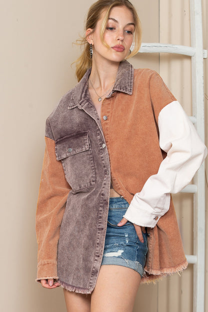 Khaki Color Block Raw Hem Button Up Corduroy Shacket