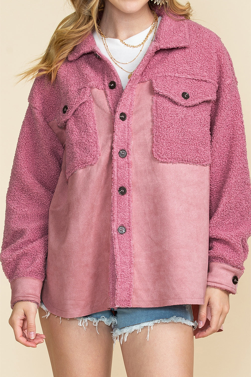 Pink Colorblock Buttoned Flap Pocket Sherpa Jacket