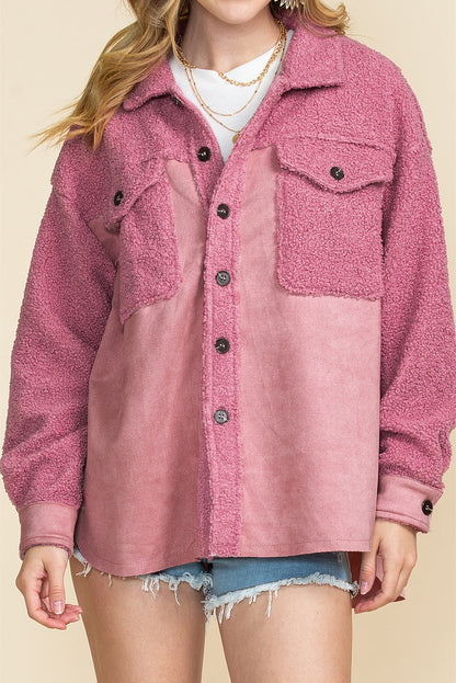 Pink Colorblock Buttoned Flap Pocket Sherpa Jacket
