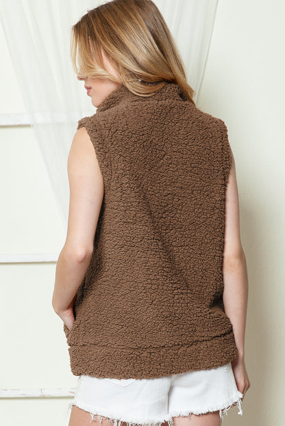 Green Snap Button Collared Stand Neck Sherpa Vest