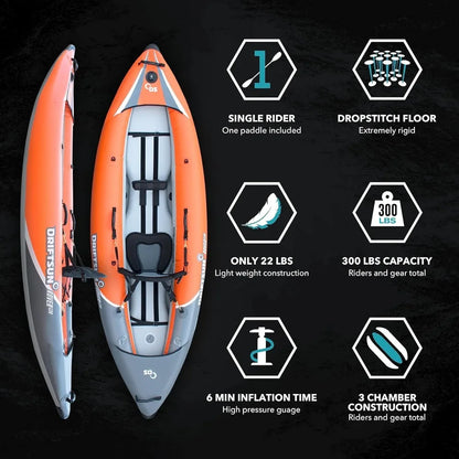 Rover Inflatable 1 and 2 Person Kayak with High Pressure Floor