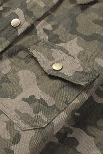 Green Camo Print Pockets Button Up Jacket