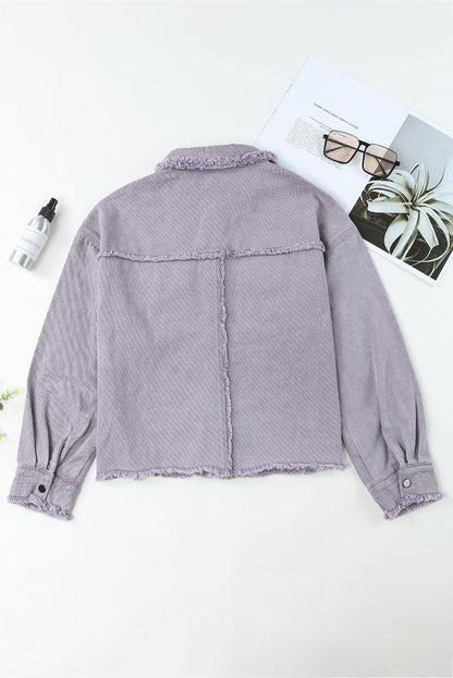 Green Distressed Flap Pockets Frayed Hem Denim Jacket