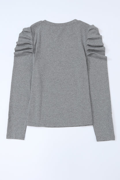 Green Basic Buttoned Puff Long Sleeve Sheath Top