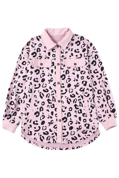 Apricot Leopard Collared Neckline Flap Pockets Corduroy Shacket