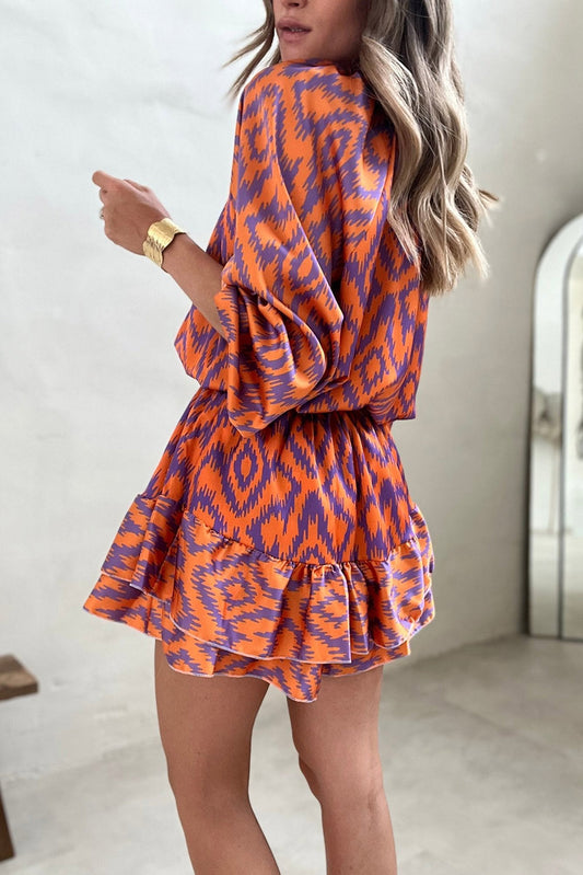 Orange Geometric Bubble Sleeve High Waist Romper