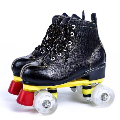 Genuine Leather Training Quad Roller Skates Shoes with Flash Wheels
