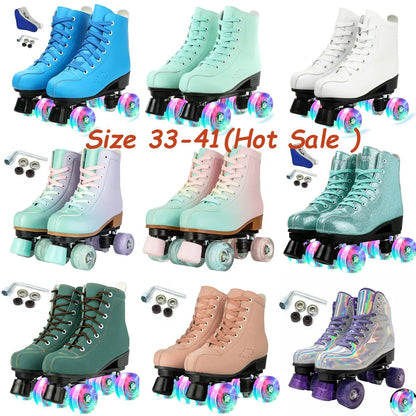 PU Leather Roller Skates Skating Shoes Sliding Inline Quad Skates Sneakers For Women Inline Skate Shoes 4 Wheels Outdoor Sports
