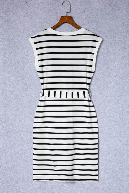 Striped Button Belted Casual V-Neck Midi Dress