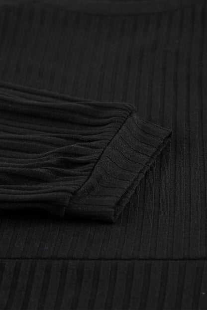 Black Round Neck Empire Waist Ribbed Short Knit Dress