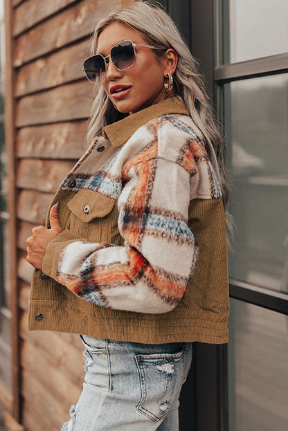 Khaki Plaid Corduroy Flap Pockets Boxy Chunky Jacket