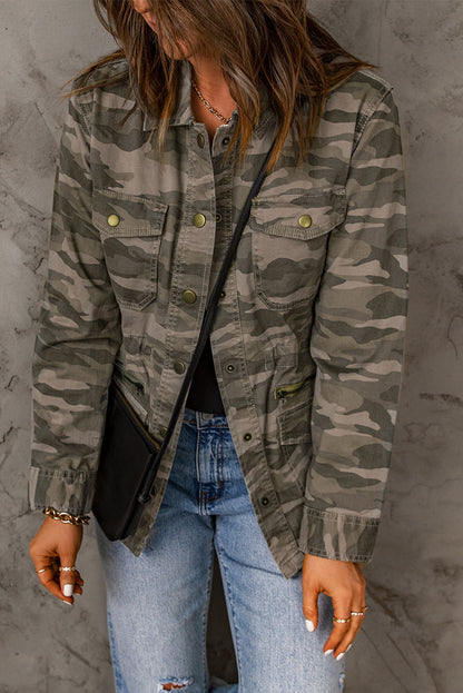 Green Camo Print Pockets Button Up Jacket