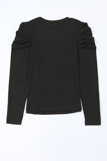 Green Basic Buttoned Puff Long Sleeve Sheath Top