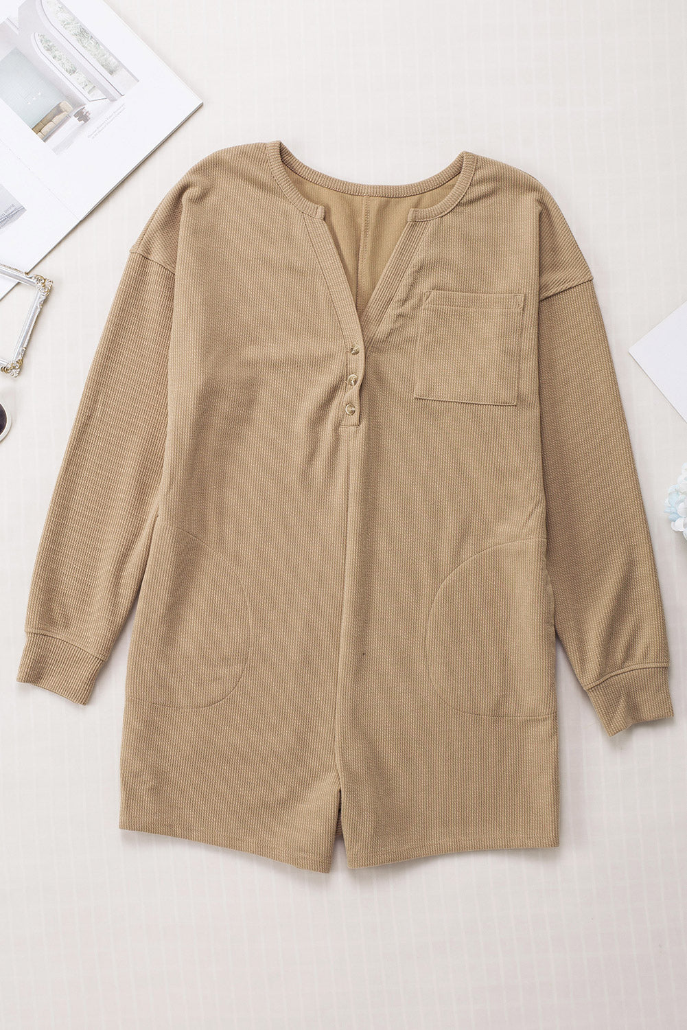 Green Henley V Neck Pocketed Ribbed Romper