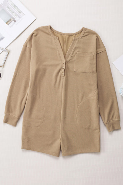 Green Henley V Neck Pocketed Ribbed Romper
