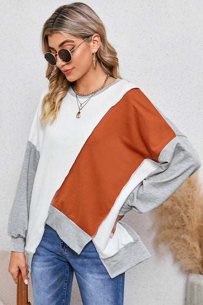 Pink Colorblock Stitching Irregular Hem Long Sleeve Top