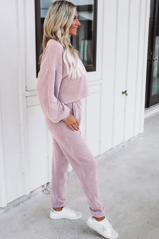 Apricot Powder Corduroy Lantern Sleeve Pullover and Joggers Set