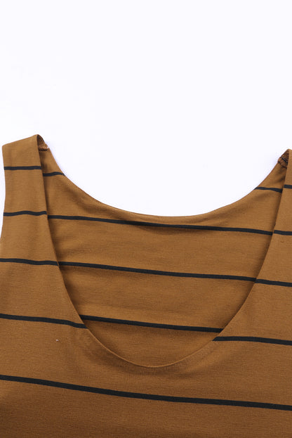 Brown Striped Backless Casual Side Slits Maxi Dress