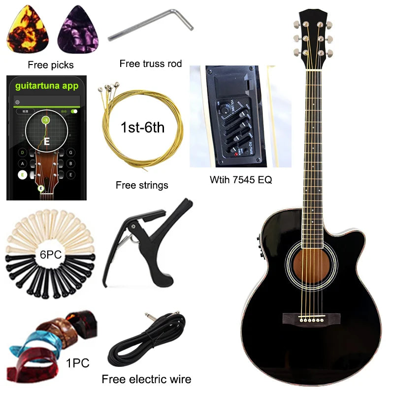 40" Beginner's Thin Body Acoustic Electric Guitar Kit with Accessories - Various Colours
