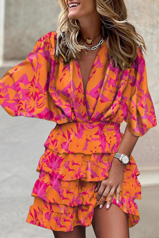 Multicolor Floral Deep V Neck High Waist Ruffle Short Dress