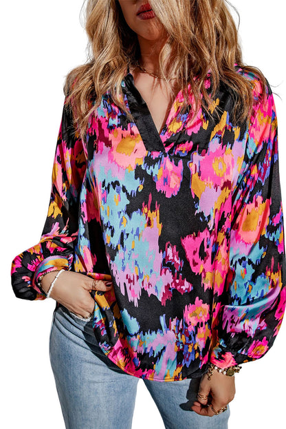 Green Graffiti Colorblock Casual V Neck Puff Sleeve Blouse