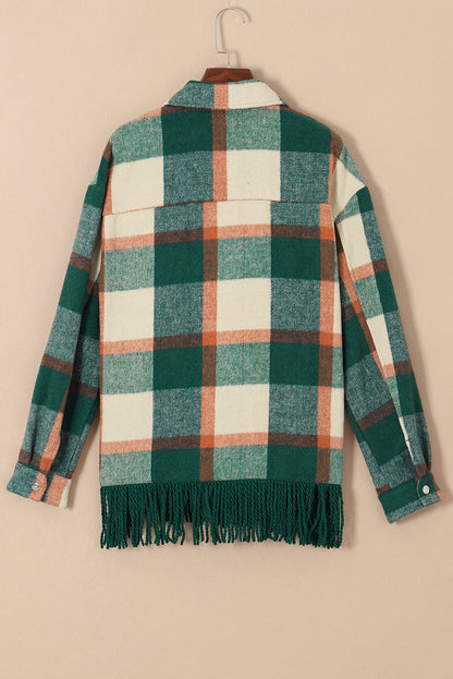 Black Plaid Snap Button Pocket Fringed Hem Shacket
